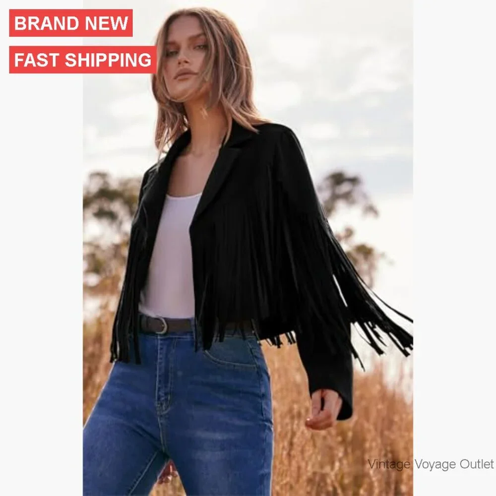 Faux Suede Cropped Motorcycle Jacket with Fringe Tassel Design - Picture 3 of 7